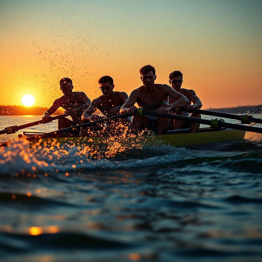 This image captures the serene beauty of rowing under the breathtaking sunset, a perfect blend of nature and sports.