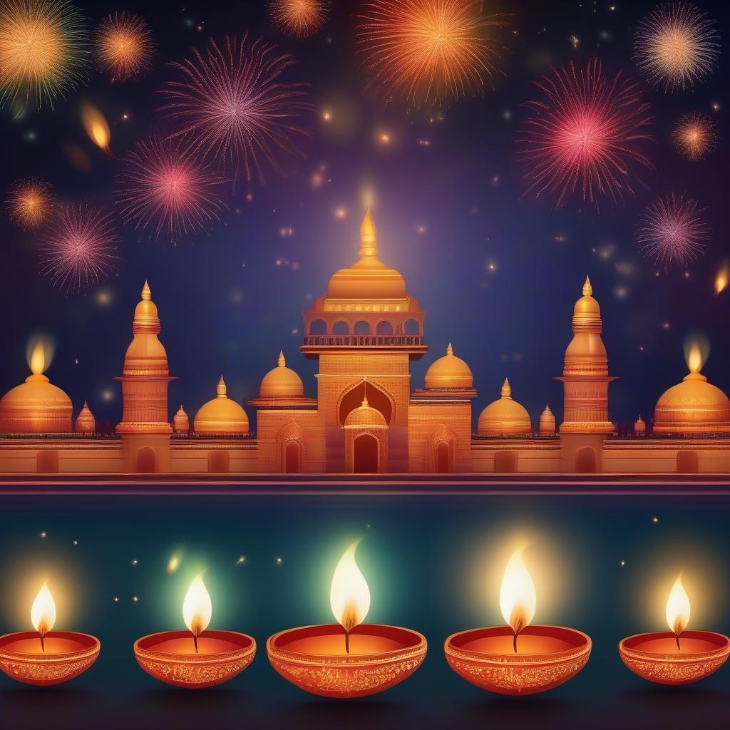 This wallpaper captures the vibrant spirit of Diwali, the Hindu festival of lights. The image depicts a cityscape aglow with fireworks and illuminated buildings, evoking the joy and festivity of the occasion.