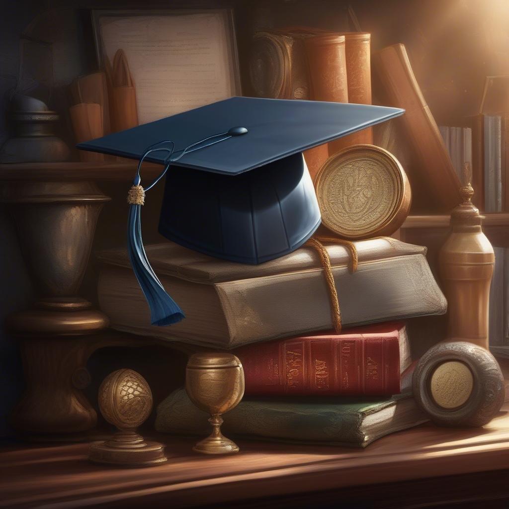 This image captures the pride and joy of graduation. The cap signifies academic achievement, and the books represent knowledge and learning. A fitting backdrop for a milestone moment.