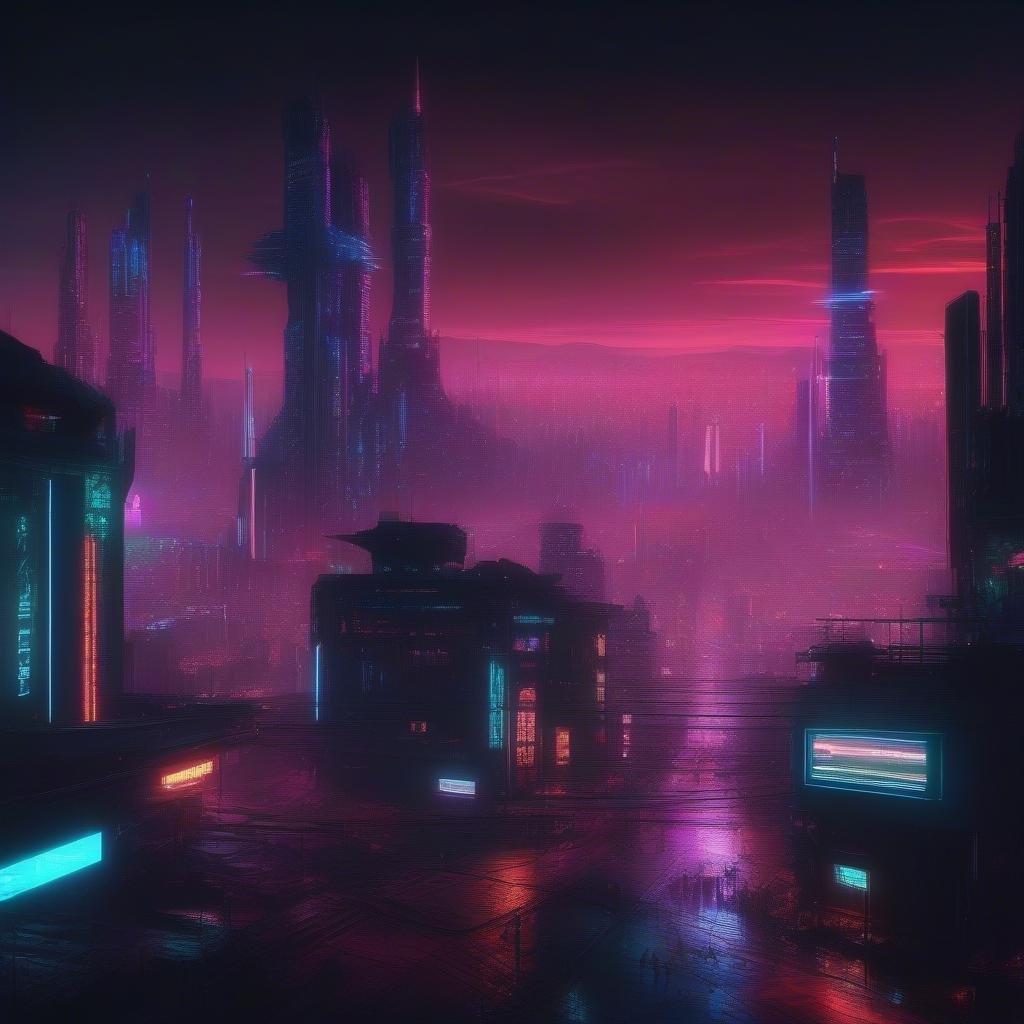 Cette image est une représentation saisissante d'un paysage urbain futuriste, caractérisé par ses gratte-ciels illuminés au néon et son esthétique cyberpunk. La ville est dépeinte dans un ton sombre et mélancolique, avec des lumières néon vibrantes illuminant les bâtiments et les rues. L'effet global est celui d'un avenir dystopique, où la technologie a pris le dessus et l'humanité est secondaire.