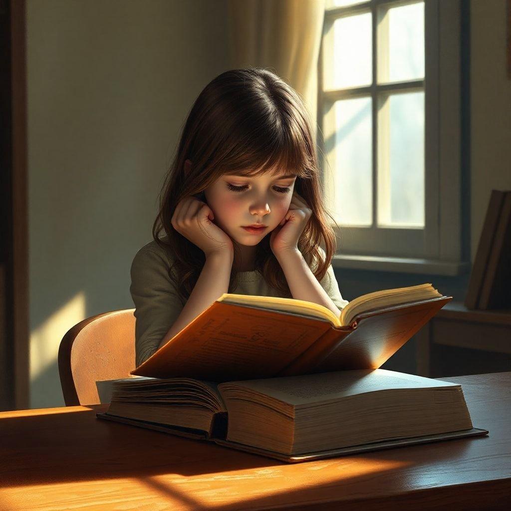 A young girl engrossed in her schoolbook, enjoying the quiet moment of learning.