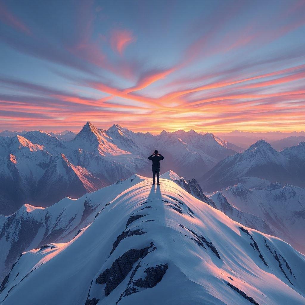 This breathtaking wallpaper captures the serene beauty of a mountain peak at sunrise. The image features a majestic mountain peak with snow-capped peaks and a breathtaking view of the sunrise, creating a sense of tranquility and awe. The image is perfect for anyone looking to add a touch of nature and inspiration to their desktop or mobile device.