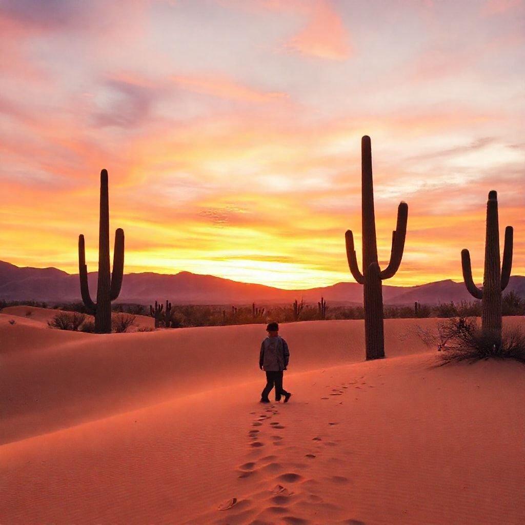 A stunning desert sunset with a beautiful sky and majestic mountains in the background.