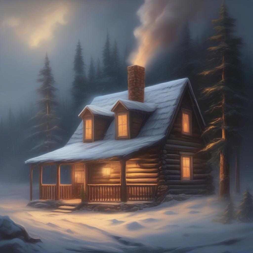 A cozy cabin basking in the soft glow of winter lights, surrounded by a snowy forest scene that's perfect for holiday cheer.