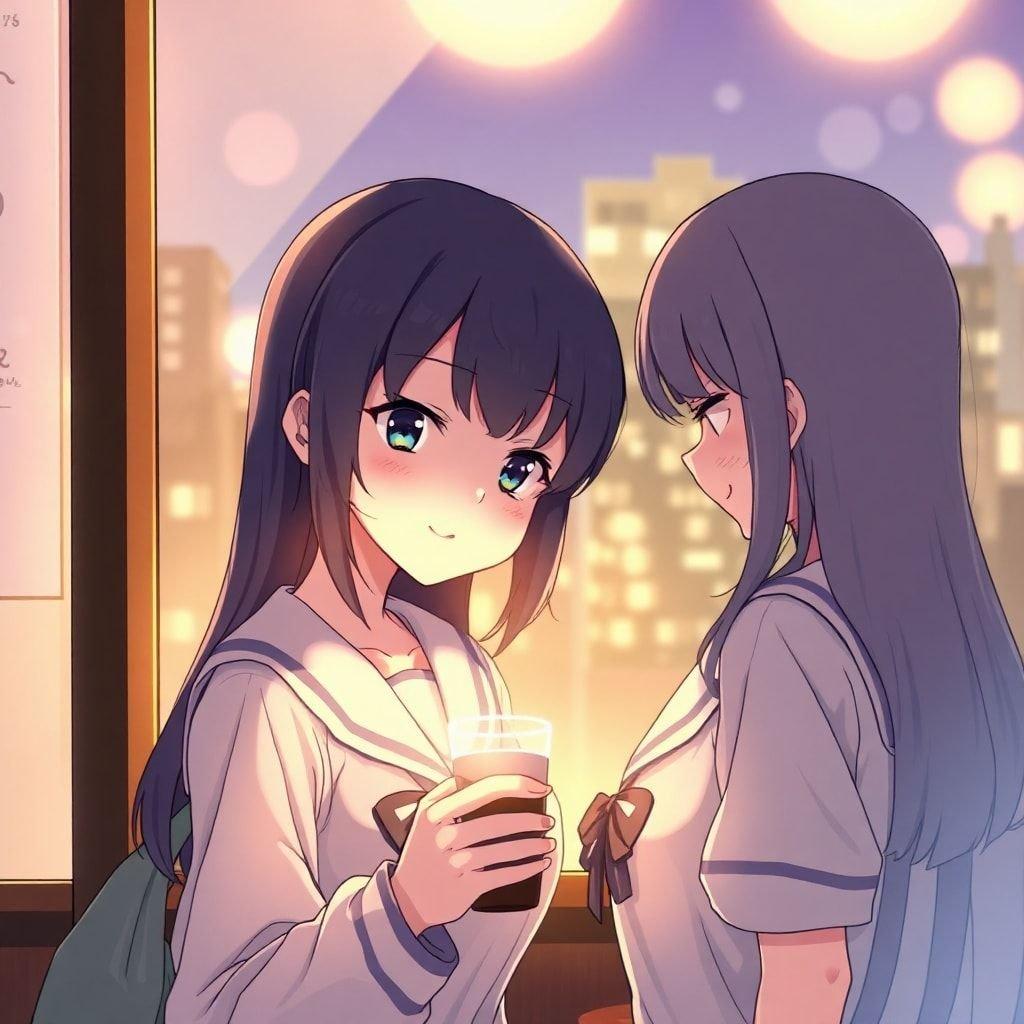 Diese Anime-Illustration fängt einen herzlichen Moment von zwei Schulmädchen ein, die in einem gemütlichen Café eine Tasse Kaffee teilen, ihre Gesichter teilweise von einem Fenster verdeckt, während sie lächeln und die Gesellschaft des anderen genießen. Das warme Licht vom Fenster wirft einen ätherischen Schein auf die Szene und schafft eine intime Atmosphäre.