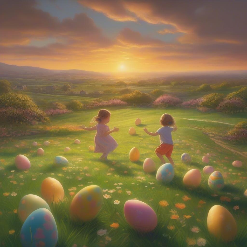 Two children enjoy a delightful chase through a field blooming with colorful Easter eggs. A breathtaking sunset paints the evening sky.