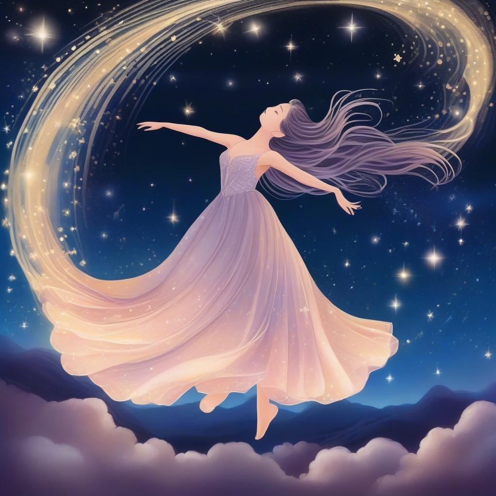 Dansa bland stjärnorna med denna eteriska illustration av en ballerina som svävar genom galaxen. Nattens himmel är hennes duk, med Vintergatan som en fantastisk bakgrund till hennes graciösa pose.