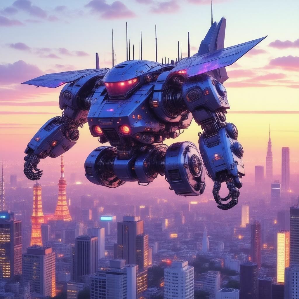 Eine atemberaubende Anime-Illustration einer futuristischen Tokio-Skyline bei Sonnenuntergang, die einen majestätischen Roboter zeigt, der über die Skyline der Stadt fliegt. Der Körper des Roboters ist eine Mischung aus blauen und lila Farbtönen, mit komplizierten mechanischen Details und einem leuchtend roten Auge, das ein Gefühl von Bewegung und Kraft einfängt.