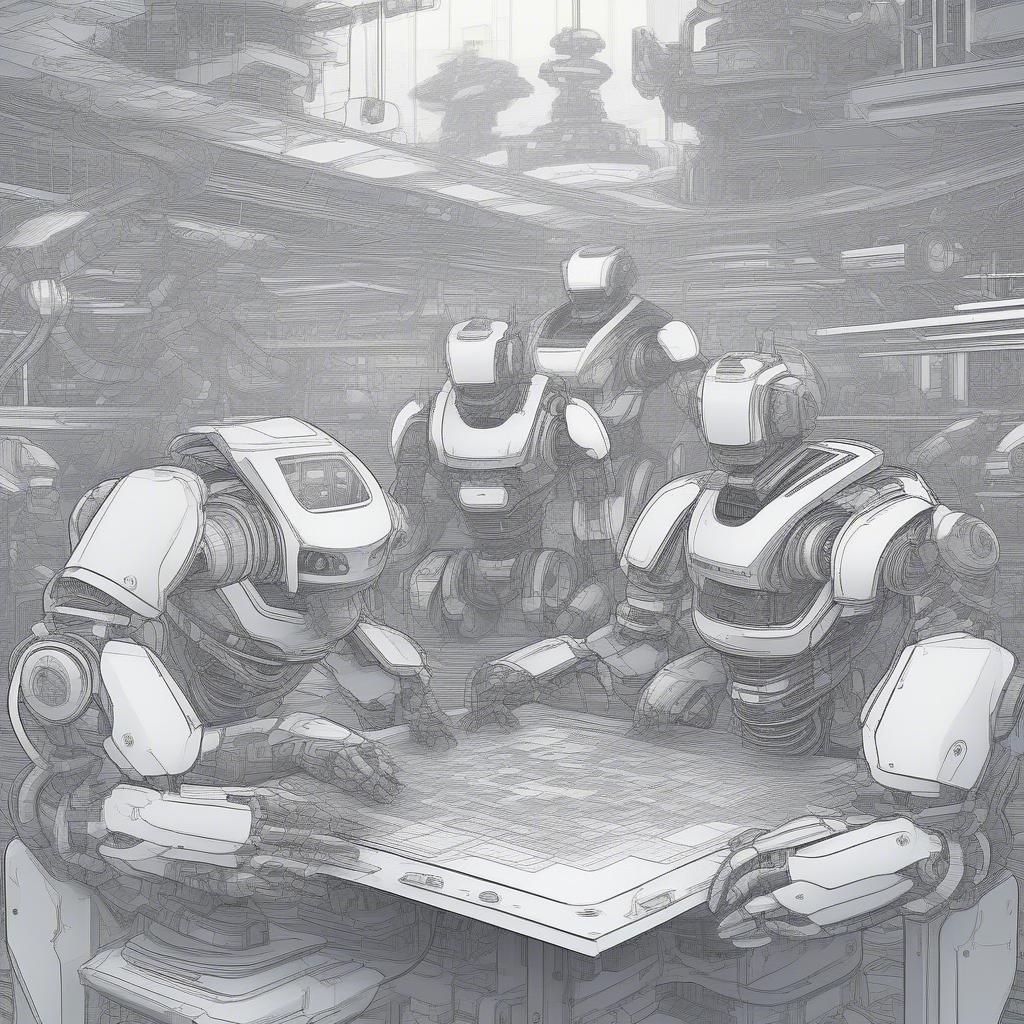 A group of robots in a meeting, surrounded by high-tech gadgets. The image is set against a backdrop that could be from a futuristic cityscape or a tech lab.