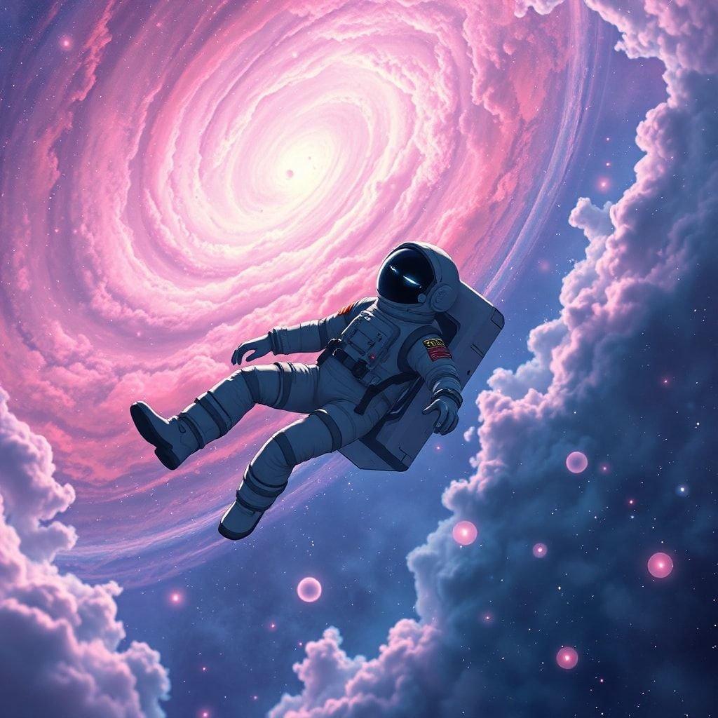 This stunning wallpaper features a lone astronaut floating through a vibrant nebula, surrounded by swirling gas clouds. The astronaut's silhouette and glowing eyes add a sense of scale to the vastness of space, creating a moment of tranquility and awe.