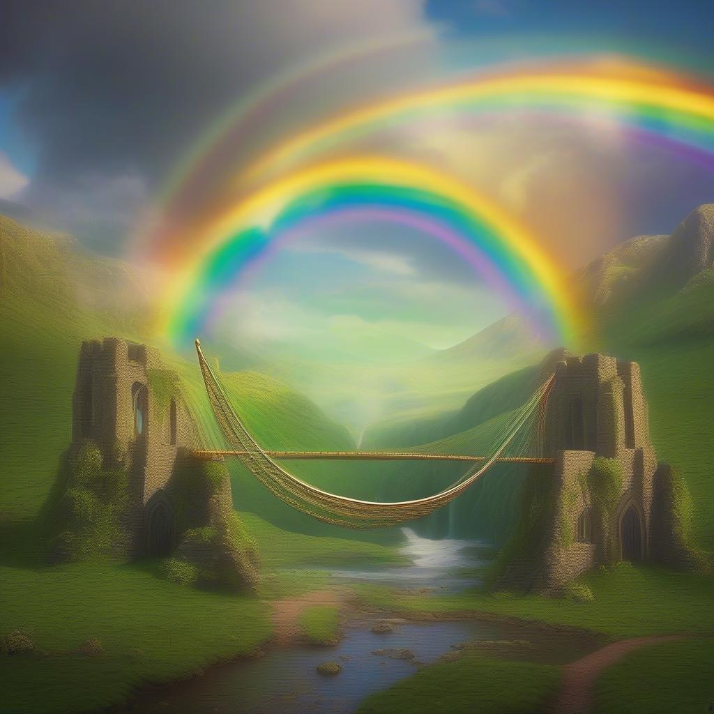 A whimsical scene with a rainbow bridge leading to a castle in the distance, on a lush green landscape, capturing the spirit of St. Patrick's Day celebrations.