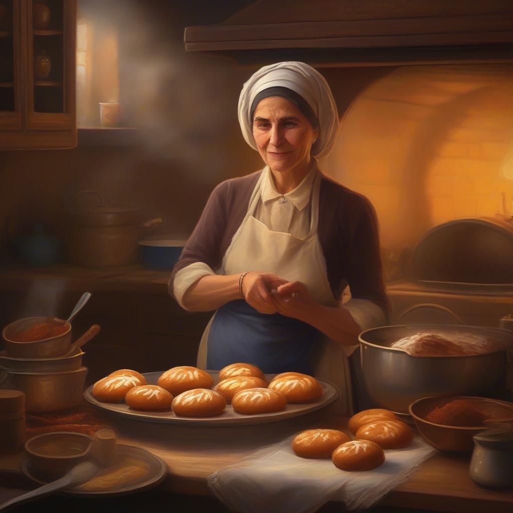 This image captures the warmth and joy of baking during Hanukkah. A woman in a traditional baker's outfit is seen with her hands on her hips, exuding an air of pride in her craft.