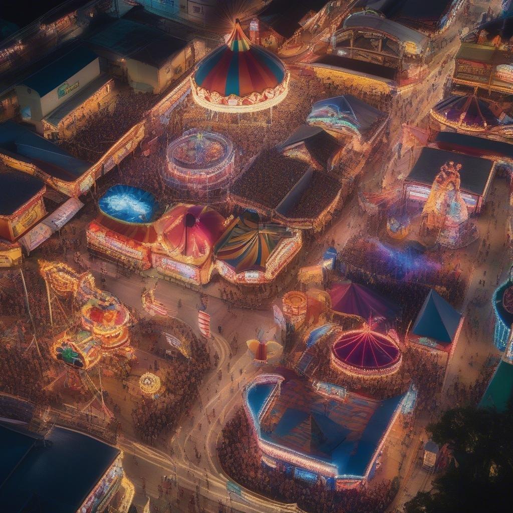 Bustling carnival lights illuminating a festive night atmosphere, with rides and games luring attendees into an enchanting adventure.