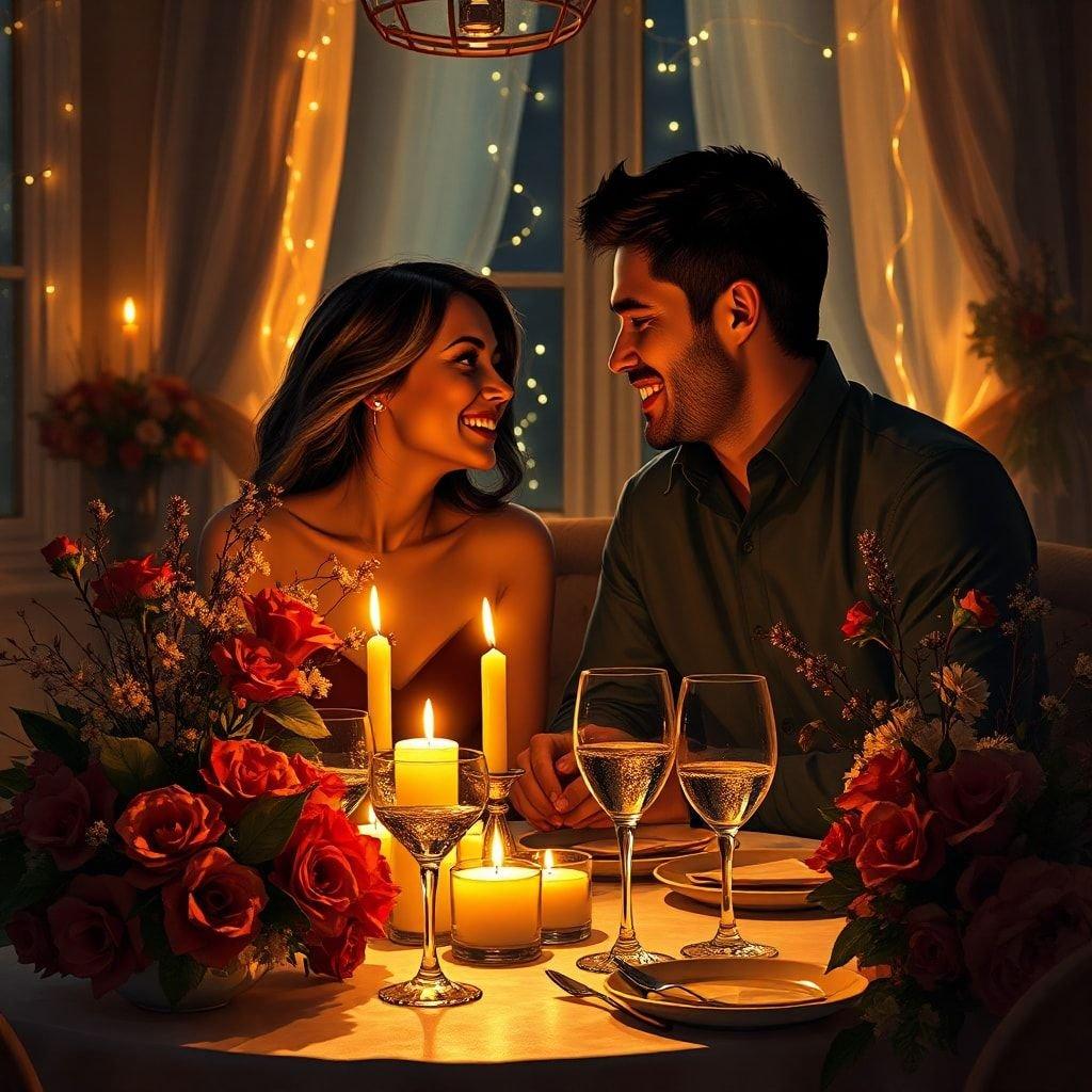 A young couple, deeply in love, share a warm embrace at midnight on New Year's Eve. They are seated at a beautifully set table with champagne and roses, celebrating the beginning of a new year together.