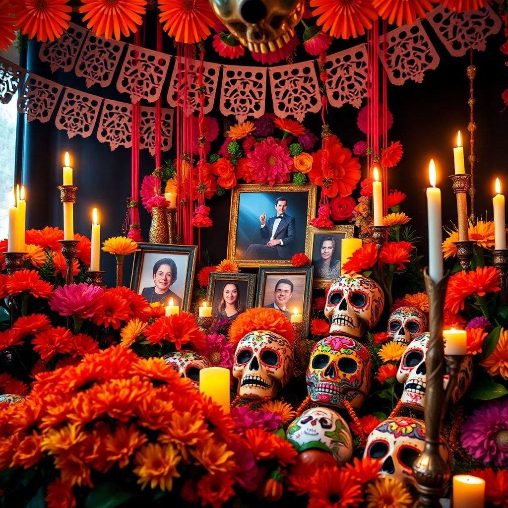 A beautiful and meaningful altar decorated with vibrant flowers, candles, and skulls, celebrating the traditional Mexican holiday of Día de los Muertos.