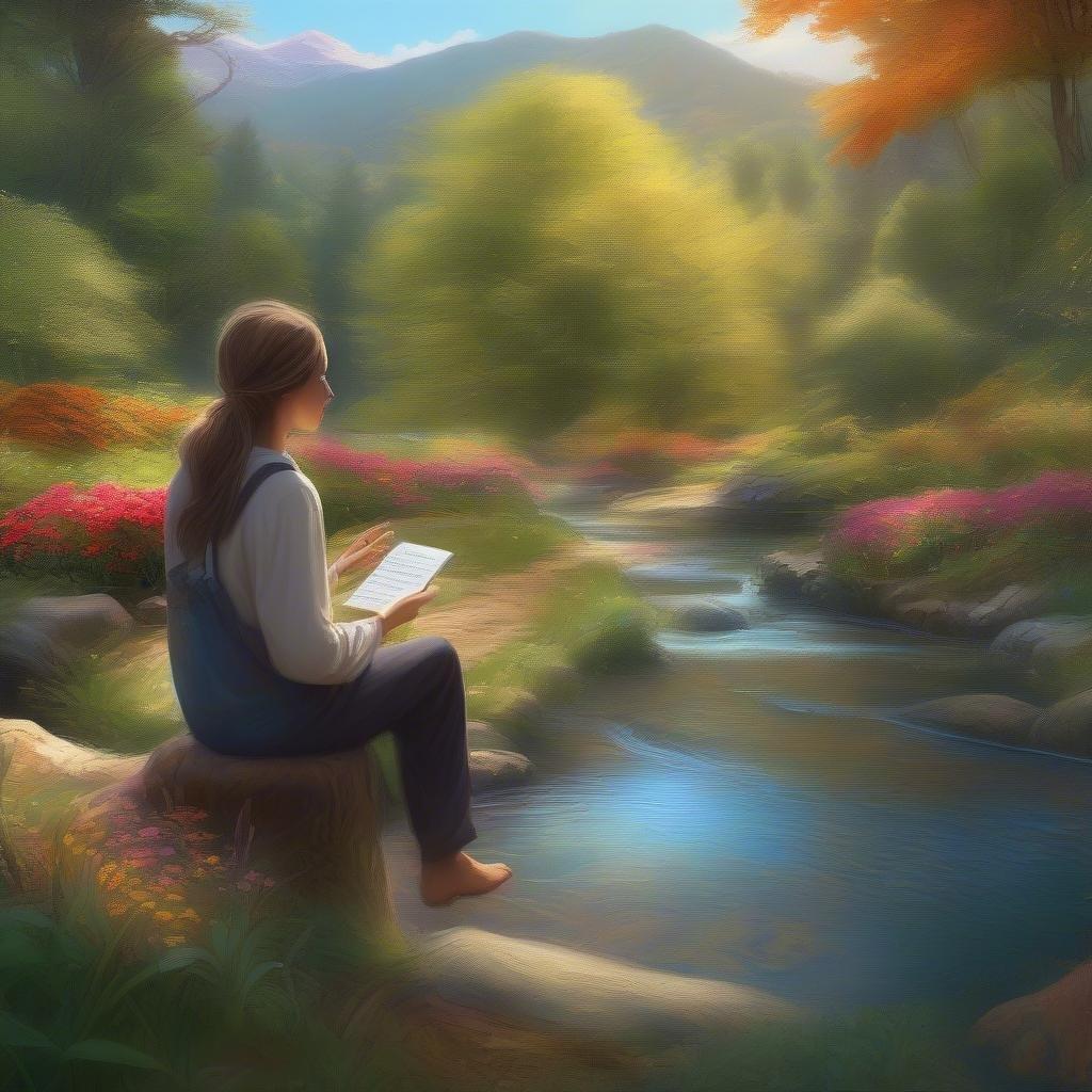 A tranquil scene of a woman finding solace amidst nature, immersed in her reading. The warm sunlight filters through the trees, casting gentle shadows on the forest floor.