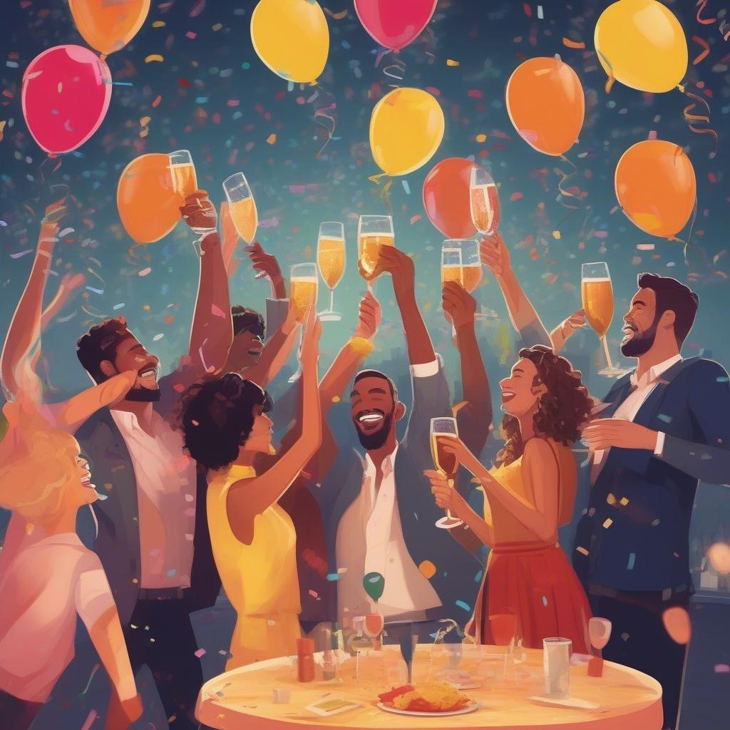 Ring in the new year with this vibrant wallpaper featuring a group of friends celebrating with balloons and confetti.