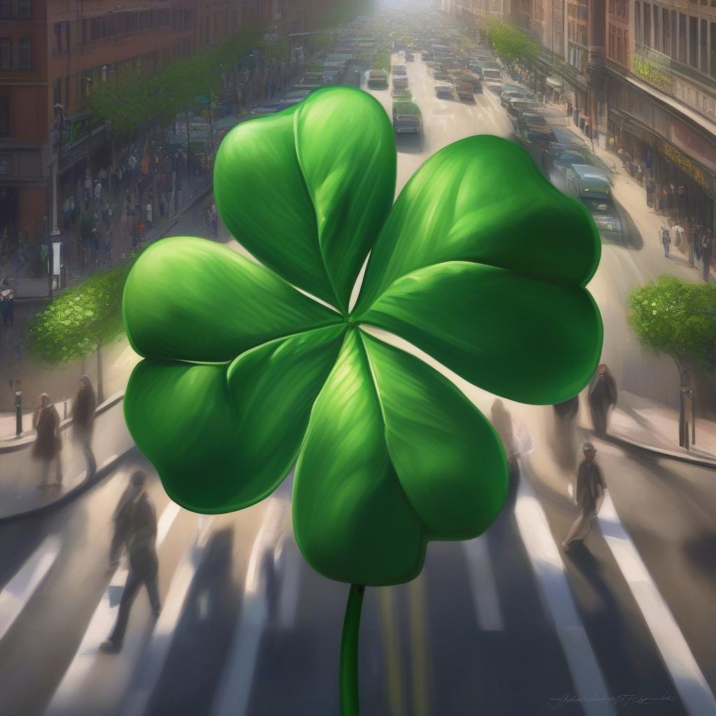 Get into the festive spirit with this vibrant St. Patrick's Day wallpaper, featuring a stunning four-leaf clover and a lively city street scene. Perfect for adding a touch of Irish charm to your desktop or mobile device.