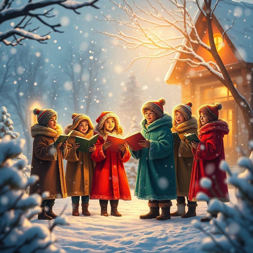 A charming Christmas scene with children singing carols in the snow. A heartwarming winter tradition with a cozy cabin and the soft glow of warm light illuminating the cold night.