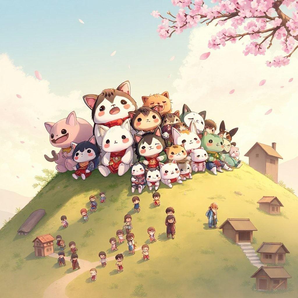 A detailed digital illustration of a mischievous group of youkai, dressed in a cozy rural town, sits on a hill. The group, with their heads up, is surrounded by a flock of sleepy villagers, adding a sense of scale to the scene. The illustration captures a peaceful moment of tranquility, with a slight hint of mystery, capturing the essence of a peaceful moment in nature.