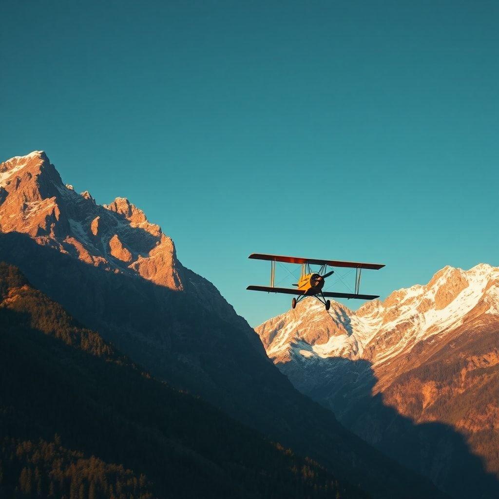 This stunning wallpaper features a vintage airplane soaring through the majestic mountains, capturing the essence of adventure and freedom.