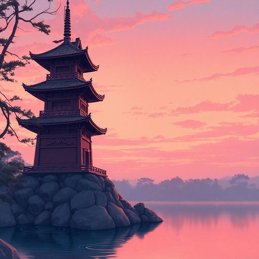 Una scena in stile anime pacifica ambientata al tramonto. Un ninja è seduto su una grande pagoda, affacciato su un lago tranquillo mentre il cielo si dipinge con tenui tonalità di rosa e arancione.