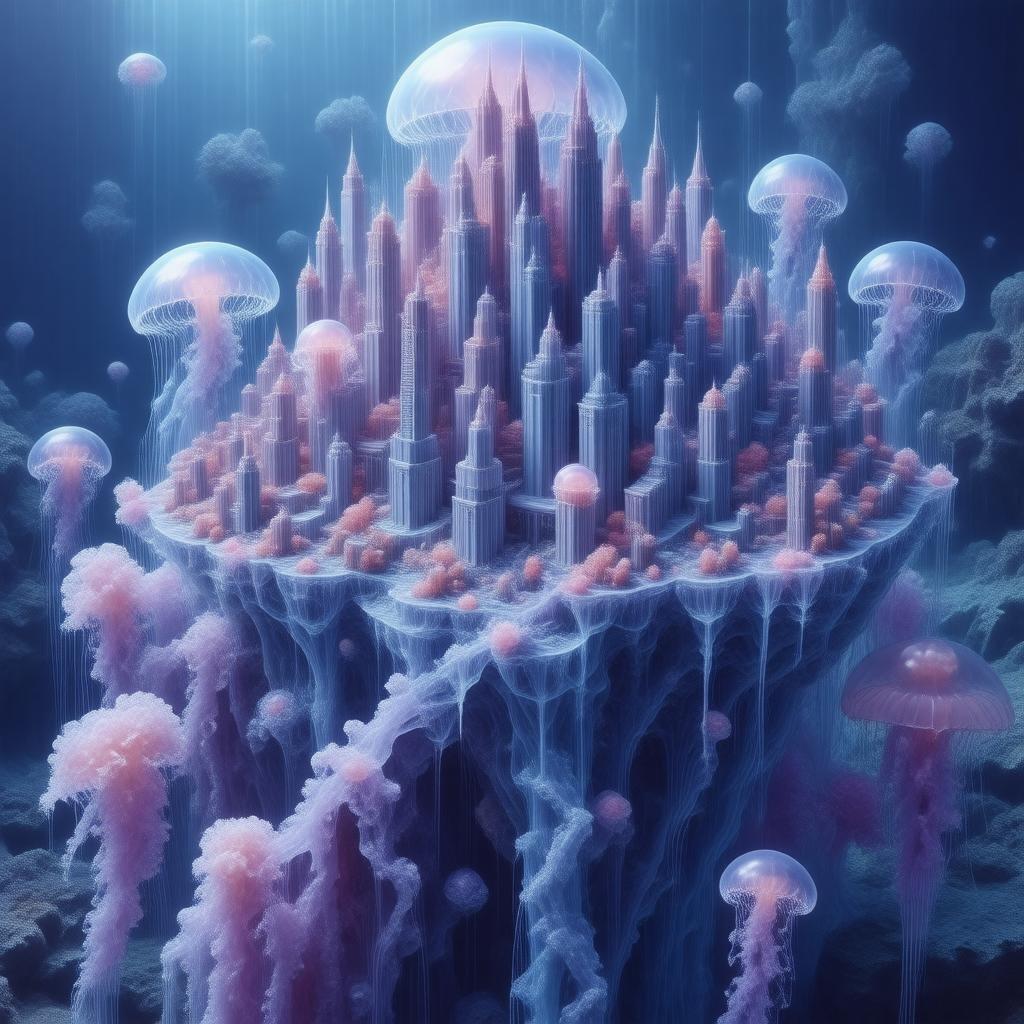 Immerse yourself in the enchanting world of anime with this captivating wallpaper, where a majestic city rises from the depths of the ocean, surrounded by a kaleidoscope of jellyfish.