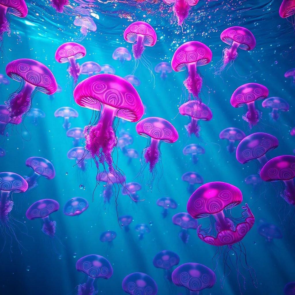 Dive into the depths of this mesmerizing wallpaper featuring a school of pink jellyfish swimming in the ocean. The vibrant colors and intricate details of the jellyfish create a sense of wonder and enchantment, making this image perfect for anyone who loves the ocean and its creatures.