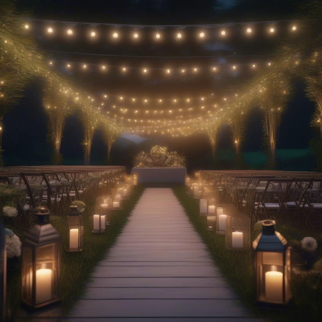 This image is a beautiful representation of wedding ceremony decorations, perfect for a romantic and elegant wedding. The decorations are simple yet elegant, with a focus on creating a warm and inviting atmosphere. The use of candles, flowers, and greenery adds a touch of sophistication and romance to the scene.