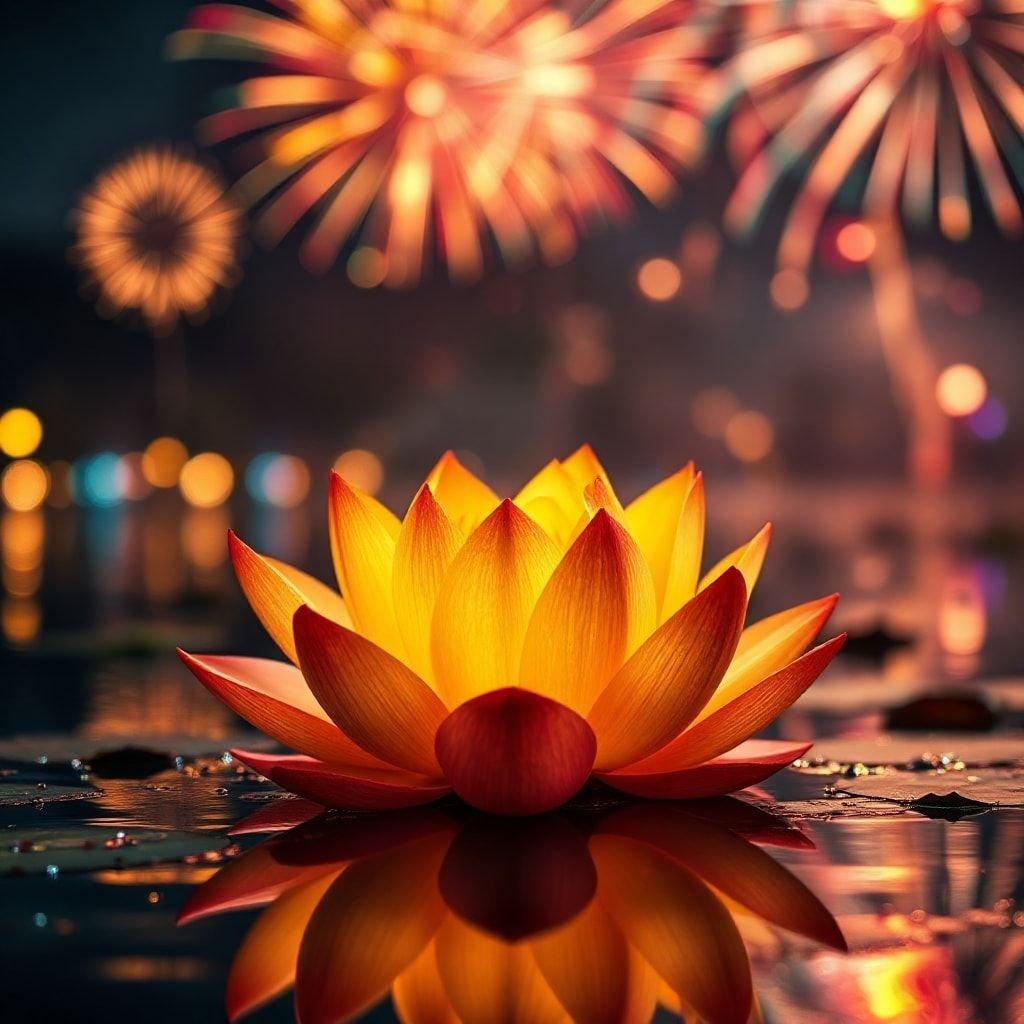 The serene beauty of a lit lotus flower on a Diwali night, adorned with fireworks in the background.