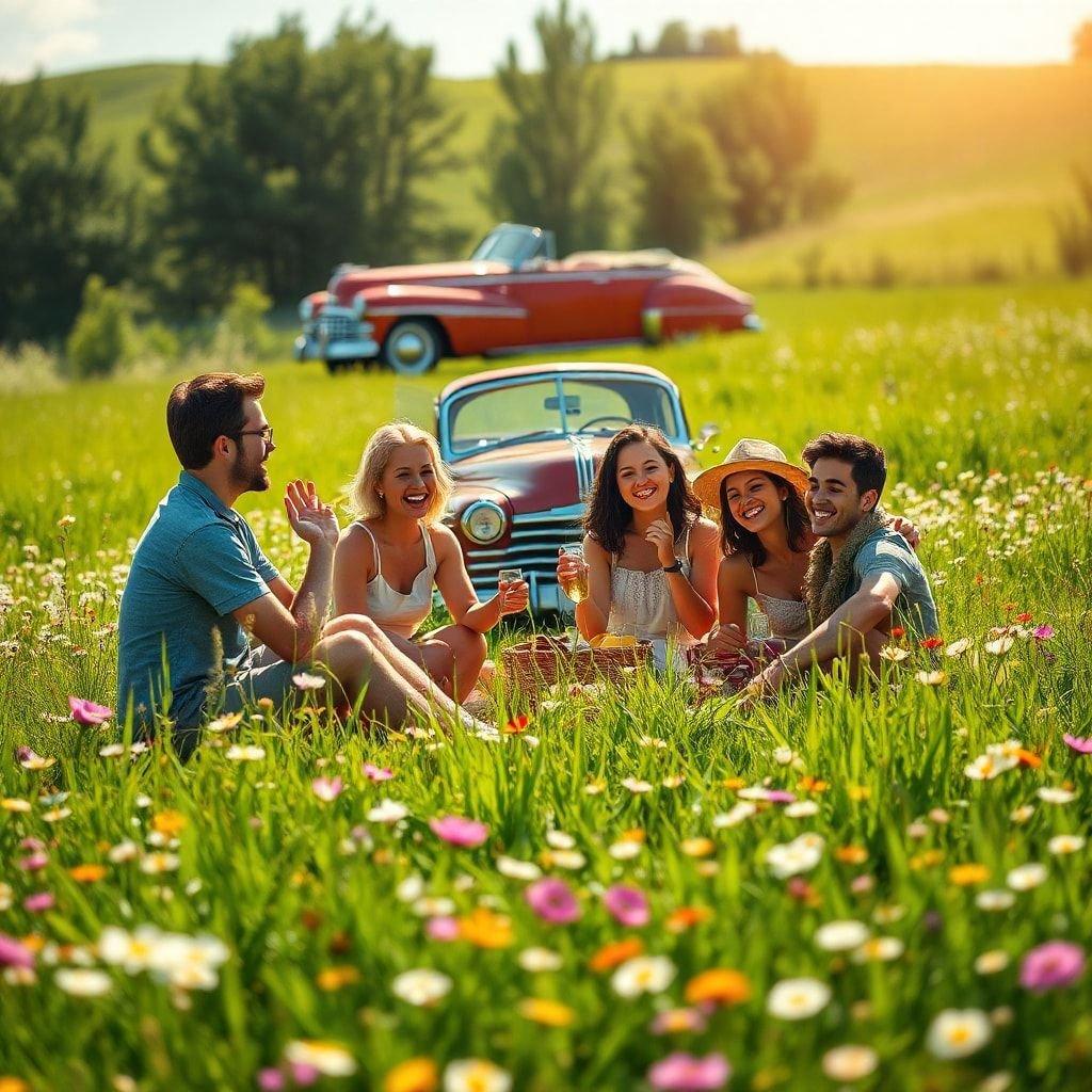 Une photo de groupe joyeuse avec des amis partageant un moment rempli de rires en plein air. L'arrière-plan de l'image est dominé par un beau coucher de soleil, une herbe verte luxuriante et une voiture classique.