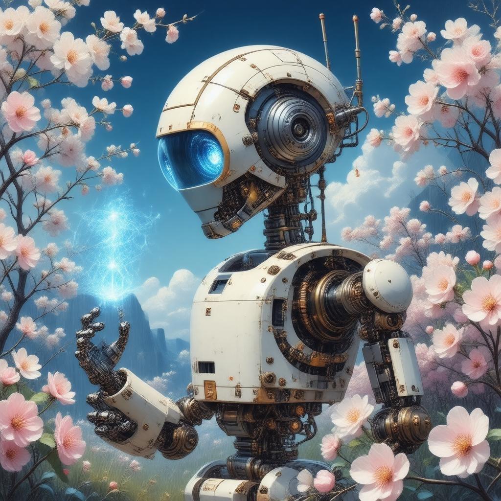 Entre em um mundo fantástico onde a tecnologia encontra a natureza nesta cativante obra de arte inspirada em anime. Um robô, elaborado com detalhes intrincados em steampunk, se destaca em meio a um vibrante campo de flores de sakura em plena floração. A luz azul que destaca suas partes mecânicas adiciona um toque de magia à cena, criando uma atmosfera imersiva e imaginativa.