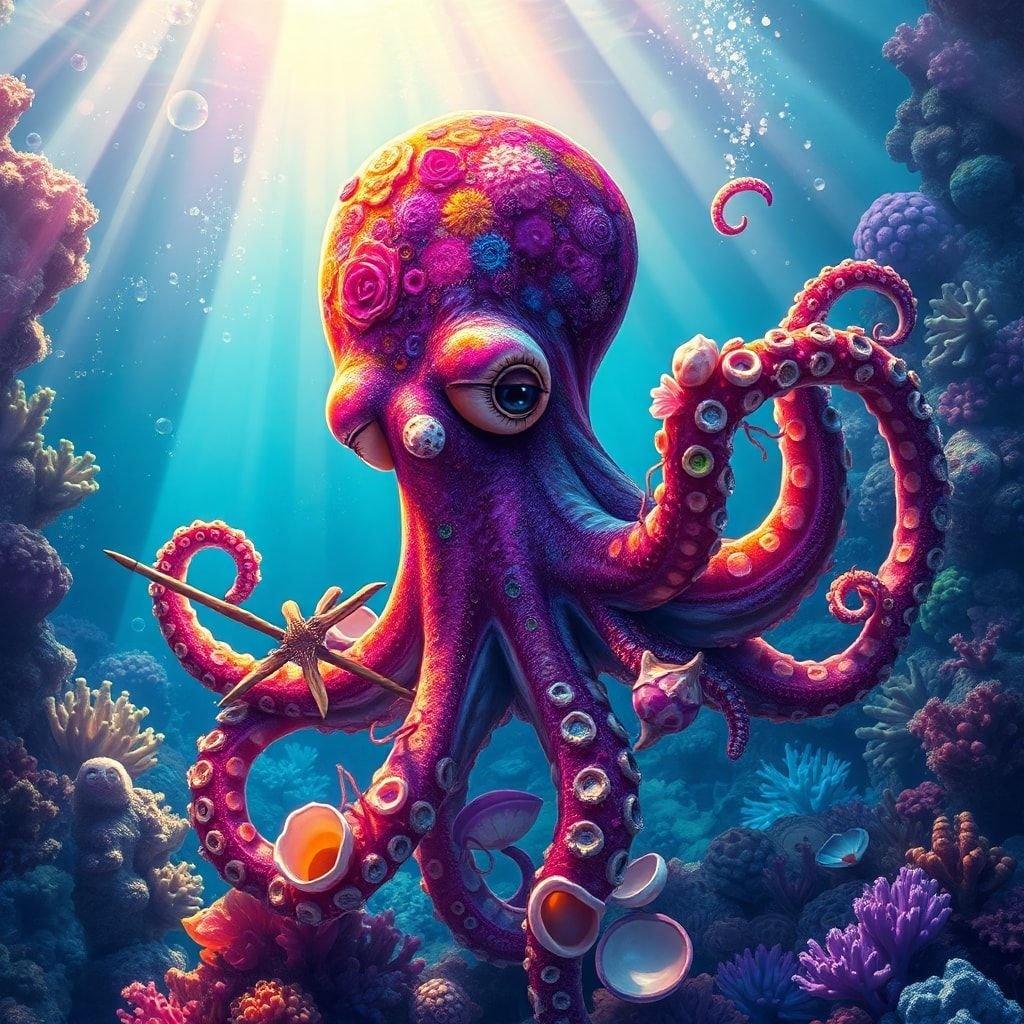 Dive into a colorful realm beneath the waves with this stunning octopus as your guide. This playful cephalopod is surrounded by a variety of coral and marine life, creating a lively scene that invites you to imagine what it's like to live in an underwater world.