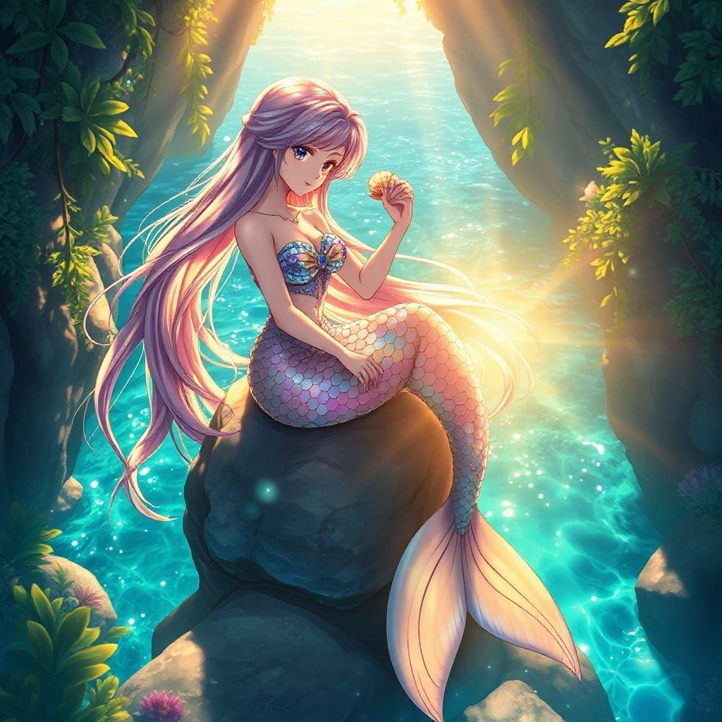 Discovering underwater wonders with a mermaid friend! This charming fantasy wallpaper showcases the allure of the sea, as a young girl shares a delightful snack time with her oceanic counterpart.