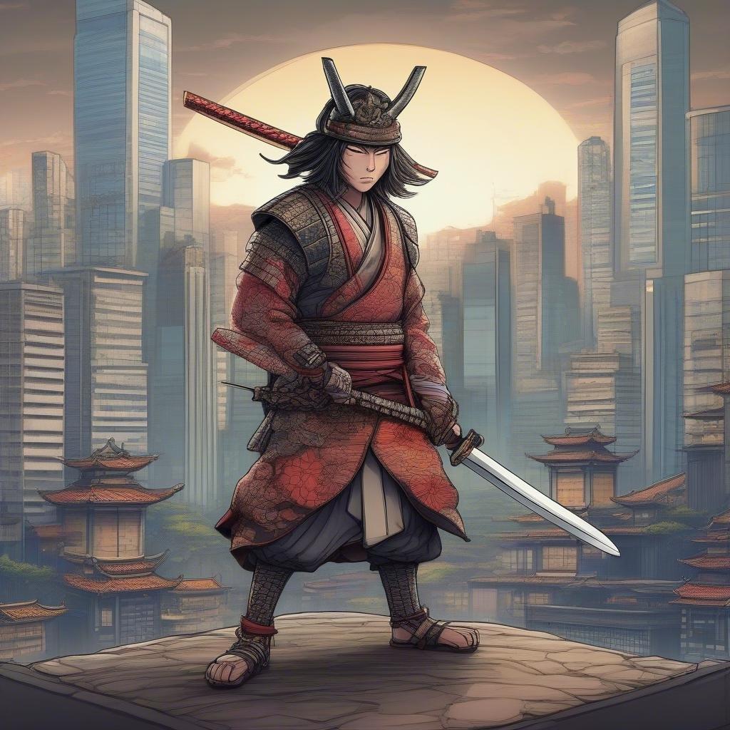 Questo sfondo in stile anime presenta un guerriero samurai in piedi di fronte a un paesaggio urbano moderno, mescolando la cultura giapponese tradizionale con l'architettura contemporanea.