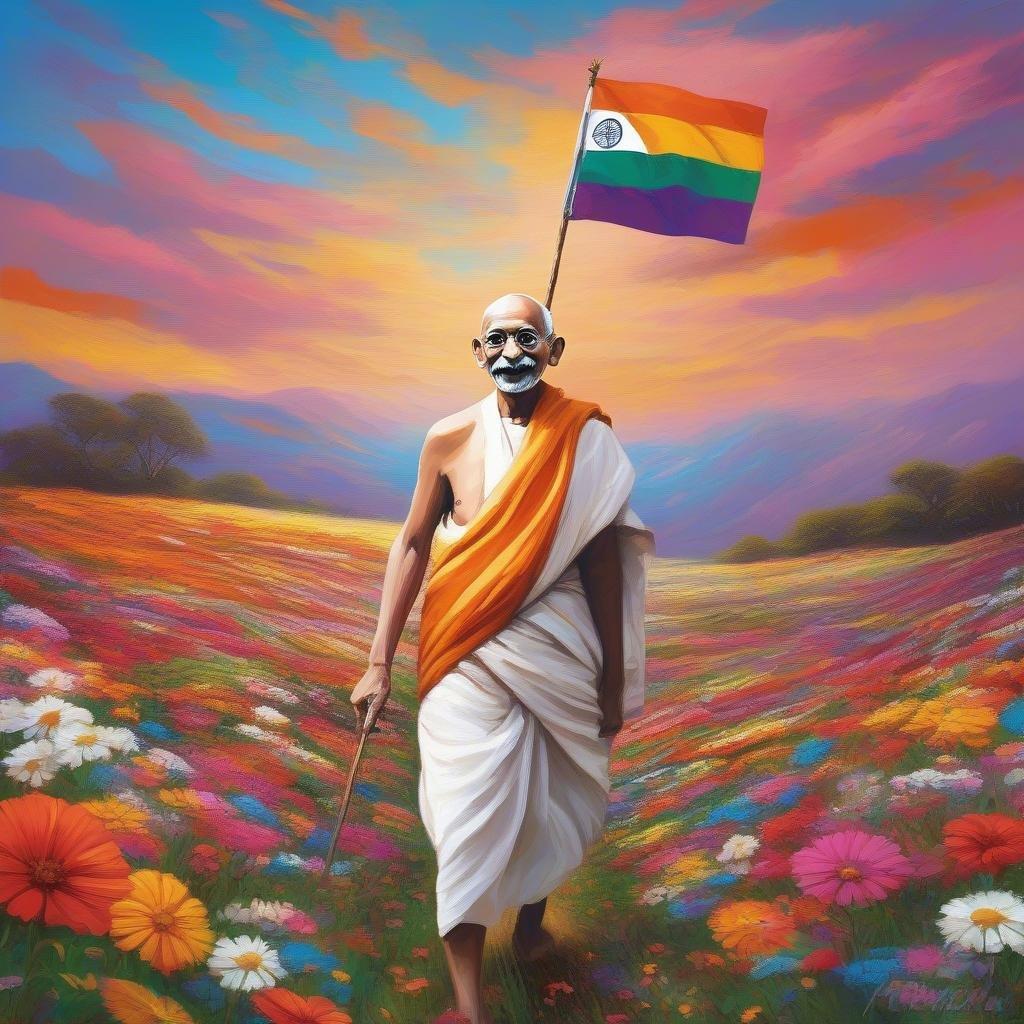 A serene depiction of the iconic Mahatma Gandhi, symbolizing his journey for peace and non-violence. The vibrant colors suggest a sense of hope and tranquility.