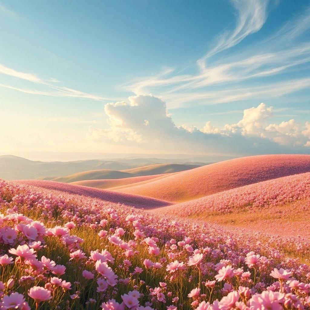 A vibrant scene of pink flowers blooming in the countryside.