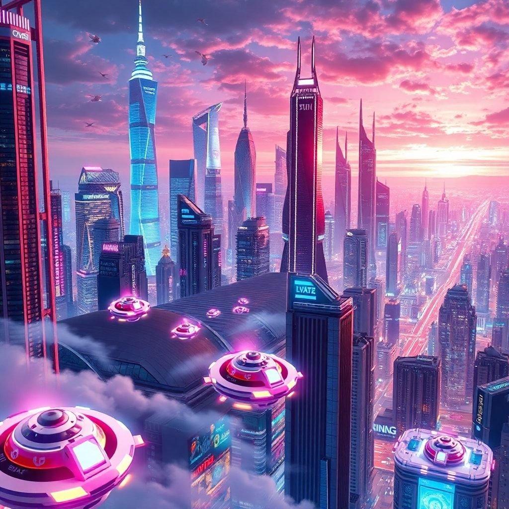 Immerse yourself in the vibrant world of a futuristic city, where towering skyscrapers and flying cars create a dynamic and captivating scene.