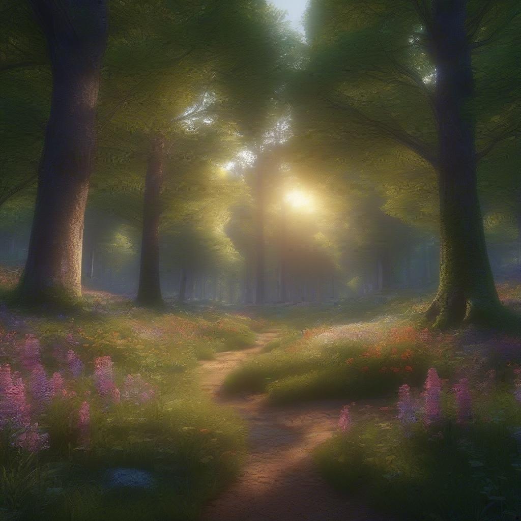 This serene landscape captures a winding dirt path that leads the eye deep into a tranquil forest, where the sunlight filters through the canopy above, casting a warm glow on the trail. The scene is lush with various types of flora and fauna, inviting exploration of nature's beauty.