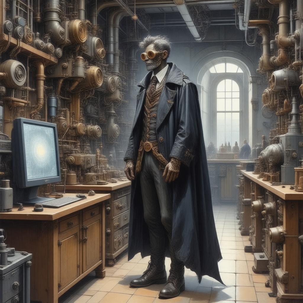 Get ready to immerse yourself in a world of steampunk wonder with this captivating wallpaper, featuring an enigmatic inventor amidst a bustling laboratory filled with intricate machinery.