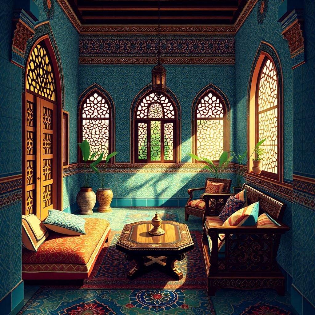 Step into this exotic retreat, reminiscent of a palace from the Thousand Nights. The rich tapestry of blue and gold hues on the walls and floor invites you to relax amidst the elegance.