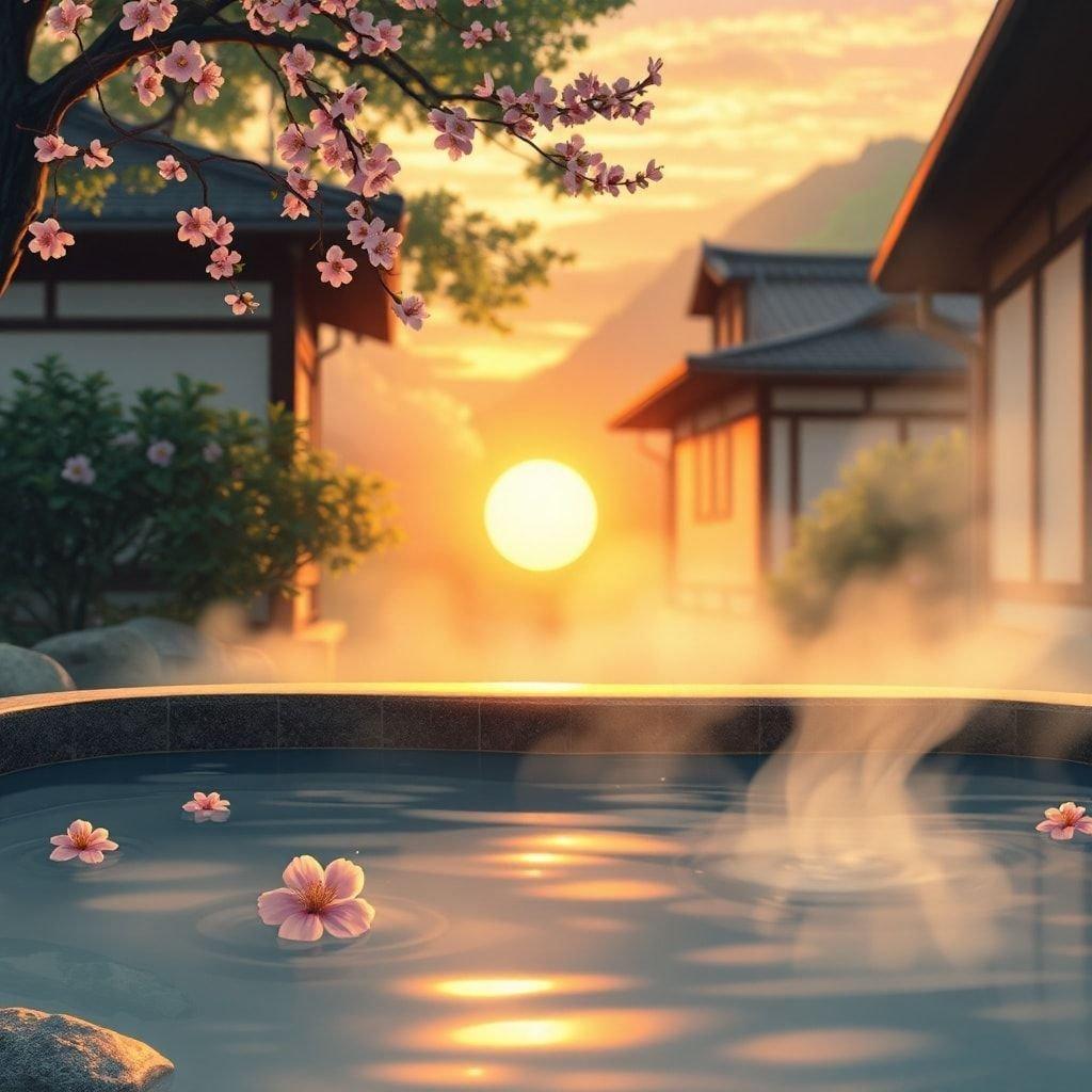 Immerse yourself in the tranquil beauty of an anime onsen, where the warm glow of the setting sun harmonizes with the gentle waters, creating a serene atmosphere that invites relaxation and contemplation.