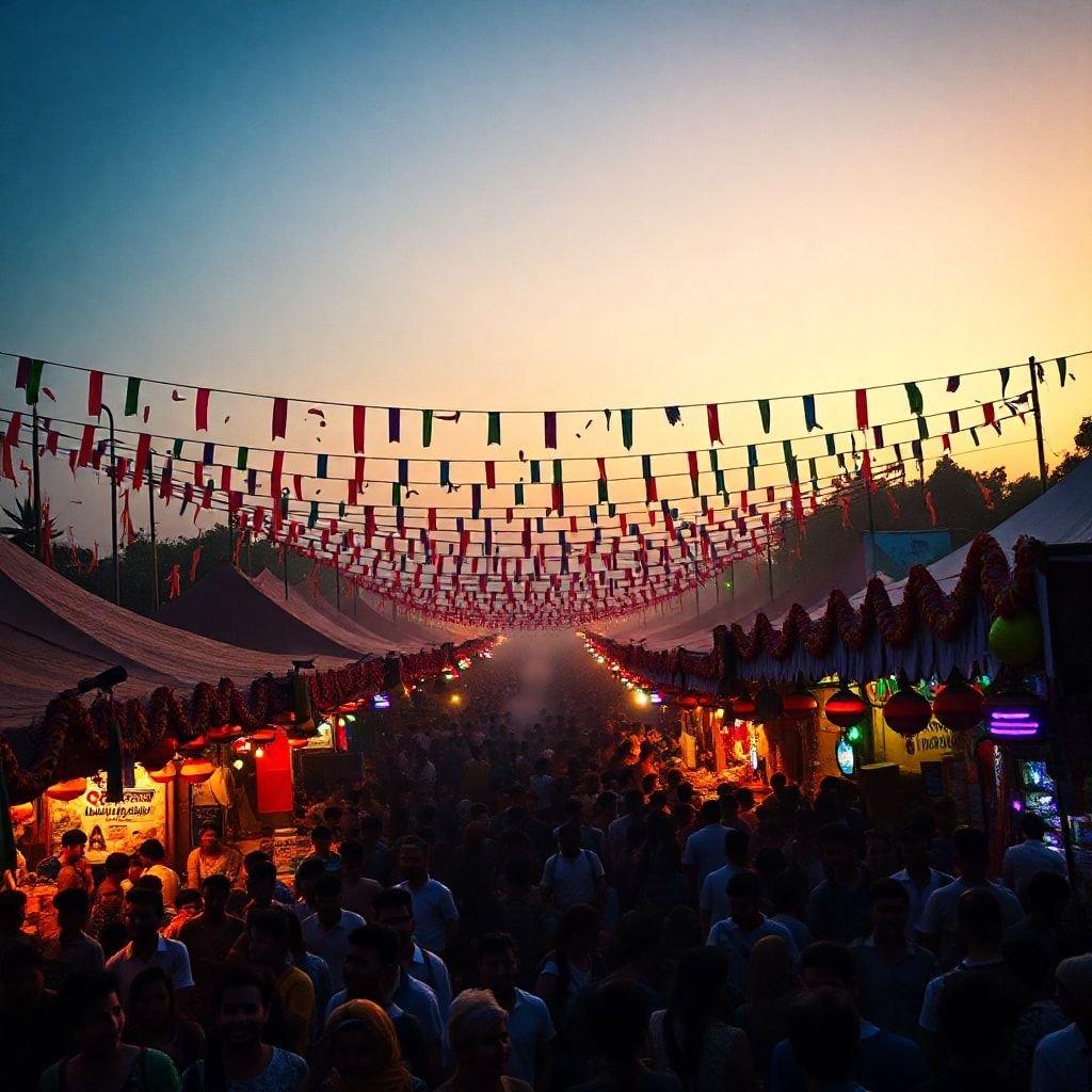 This stunning wallpaper captures the vibrant colors of a sunset market, with a bustling crowd and a variety of stalls selling local goods.