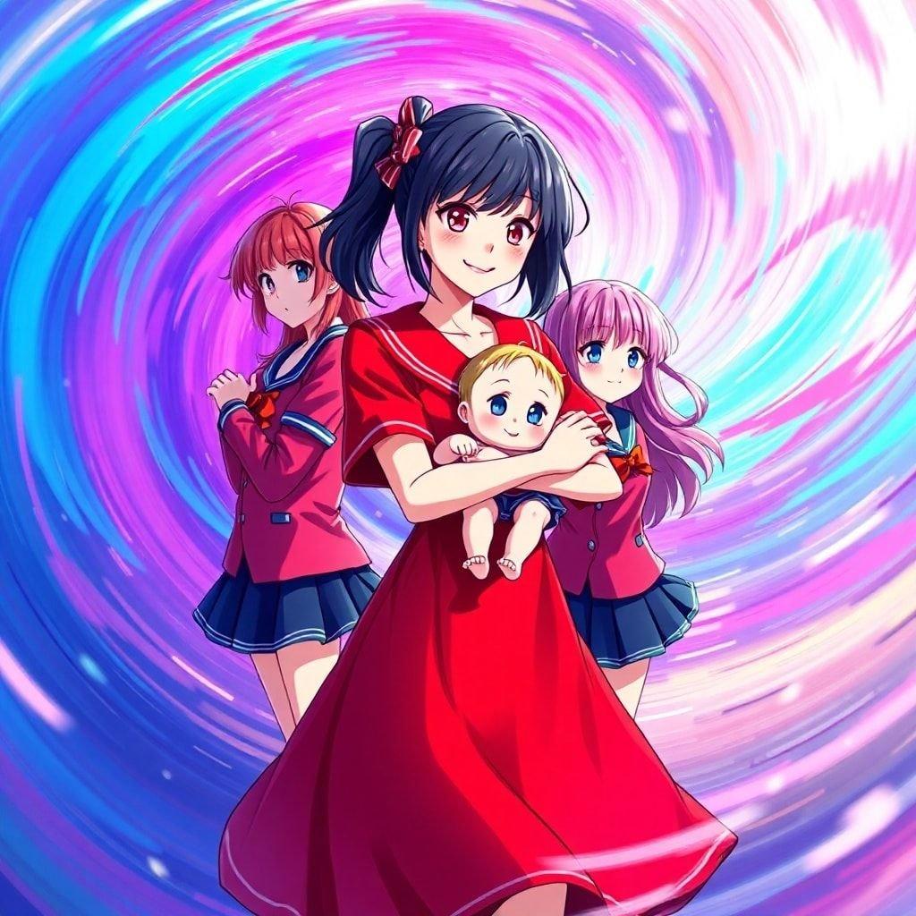 This anime wallpaper features a group of schoolgirls in colorful uniforms standing in a swirling vortex of colors, with a woman in a red dress holding a child and the other two girls positioned behind her, creating an anime-like image.