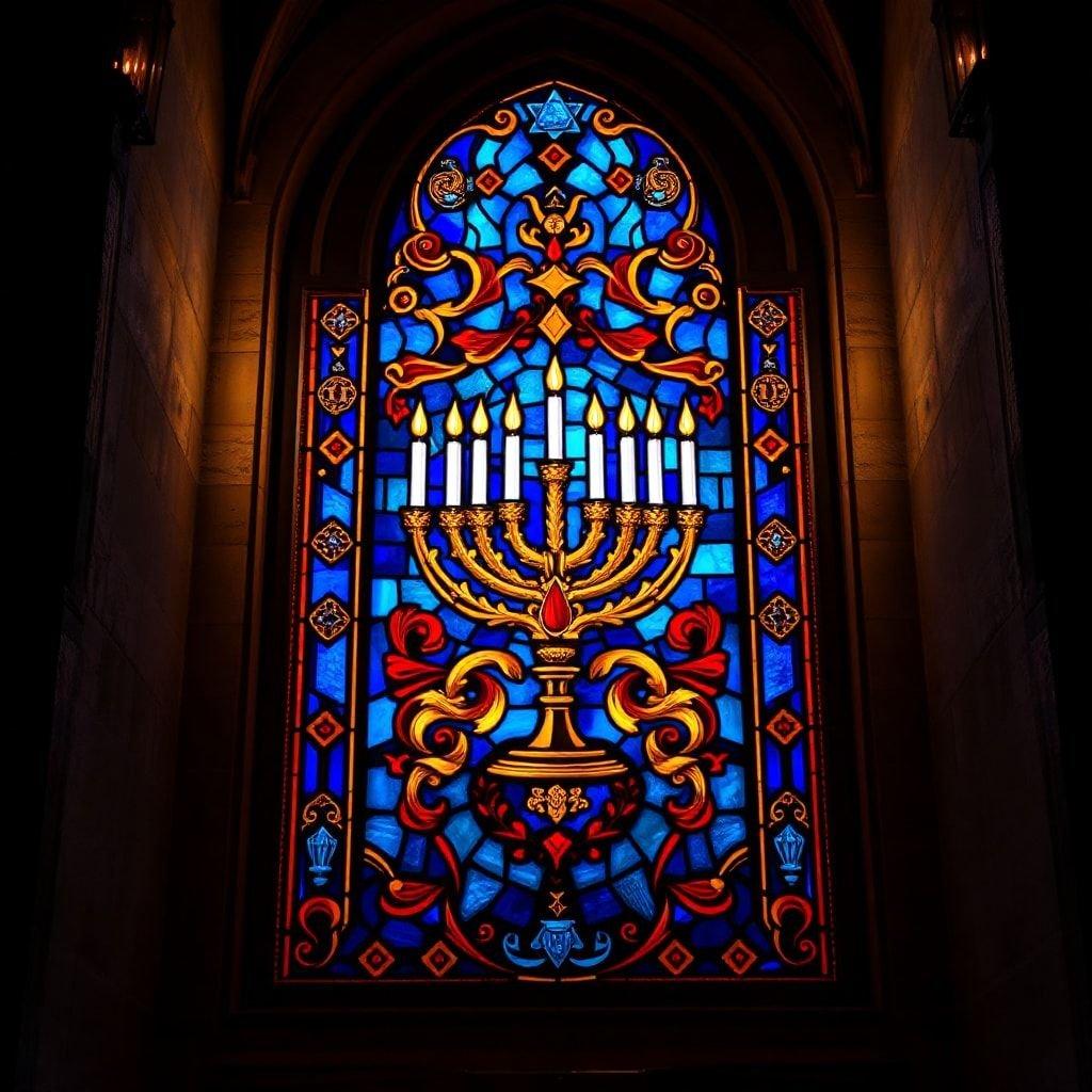 Dette festlige billede fanger varmen og glæden ved Hanukkah, en jødisk helligdag, der ærer genindvielsen af det Hellige Tempel (det Andet Tempel) i Jerusalem. Det centrale fokus er den traditionelle lysestage, kendt som menorah, der symboliserer lyset af frihed og håb. De livlige farver og det indviklede design er karakteristiske for glasmosaikkunst, der ofte findes i synagoger i løbet af denne helligdag.