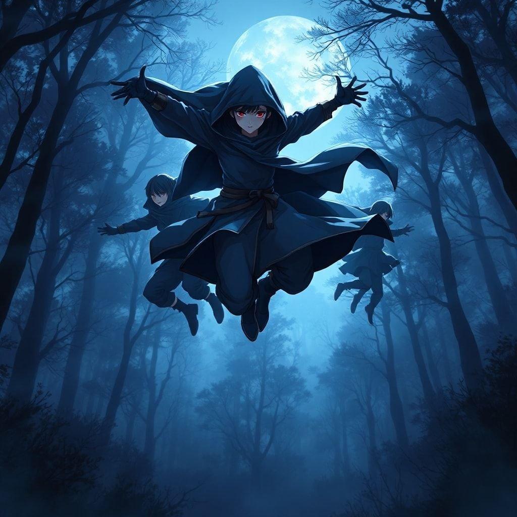 In the heart of a dark forest, three ninja warriors leap into action under the watchful eyes of a cloaked figure. The misty trees and supernatural sky provide an atmospheric backdrop to their mysterious adventure.