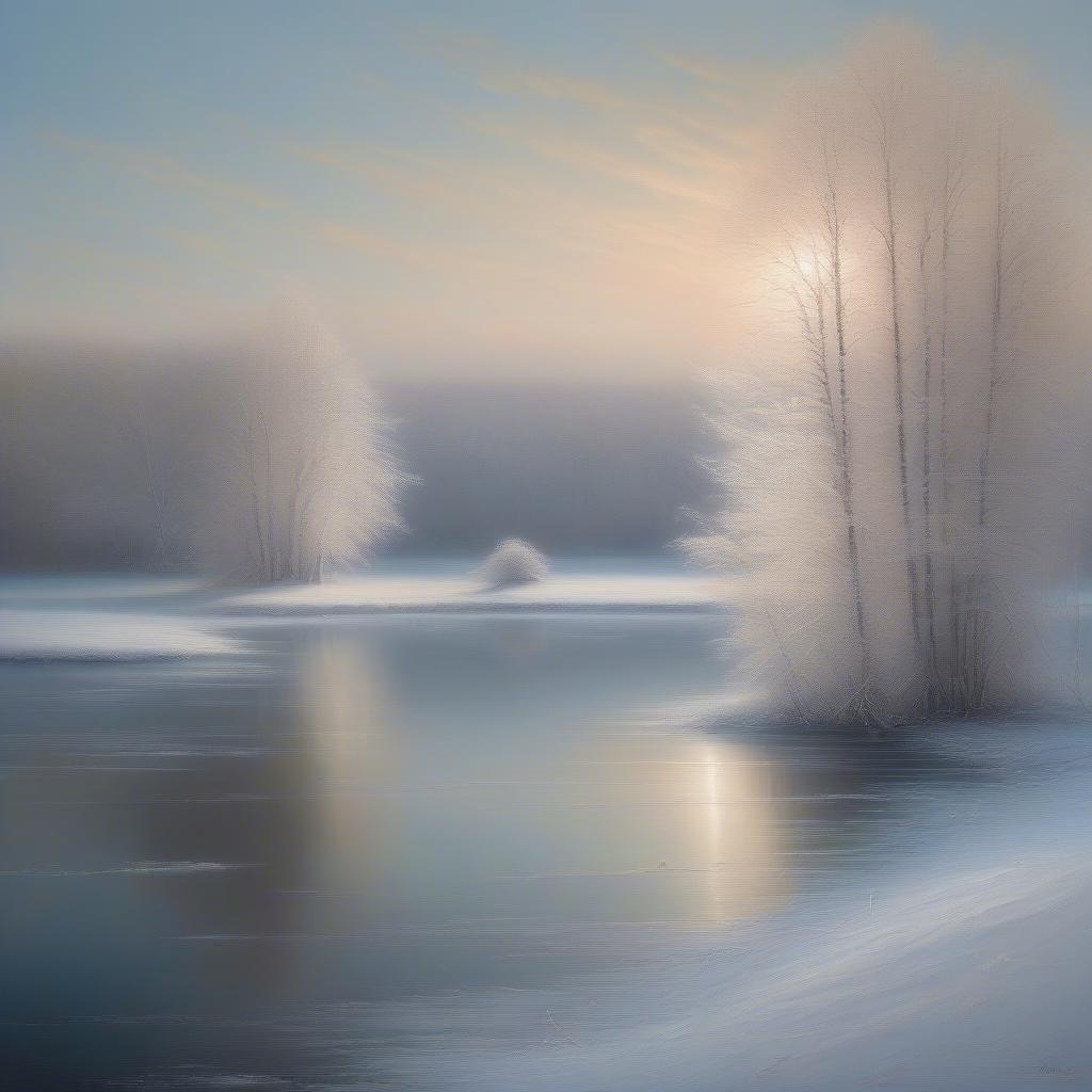 A serene winter scene with snow-covered trees, a frozen lake, and a bright moon in the sky.