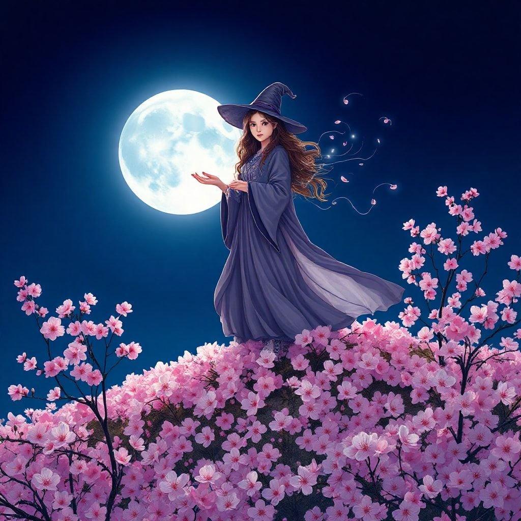 Quest'opera d'arte rappresenta una scena incantevole con un personaggio anime, una strega con capelli fluenti sotto la luna piena. Si trova tra fiori di ciliegio in fiore, evocando un senso di tranquillità e potere magico. L'immagine è adatta per sfondi sia su desktop che su dispositivi mobili.