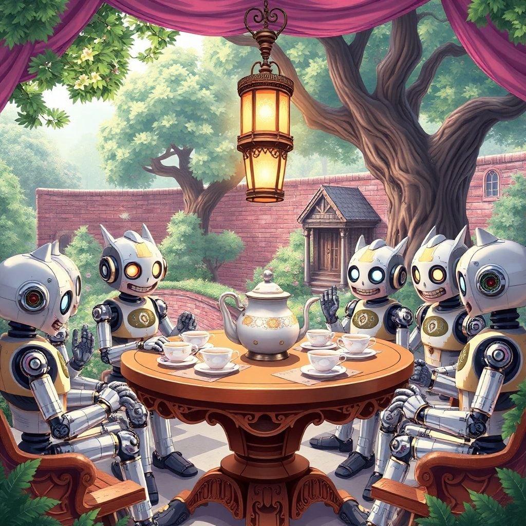 Únete a los robots y androides para una encantadora fiesta de té en esta ilustración de estilo anime caprichoso.