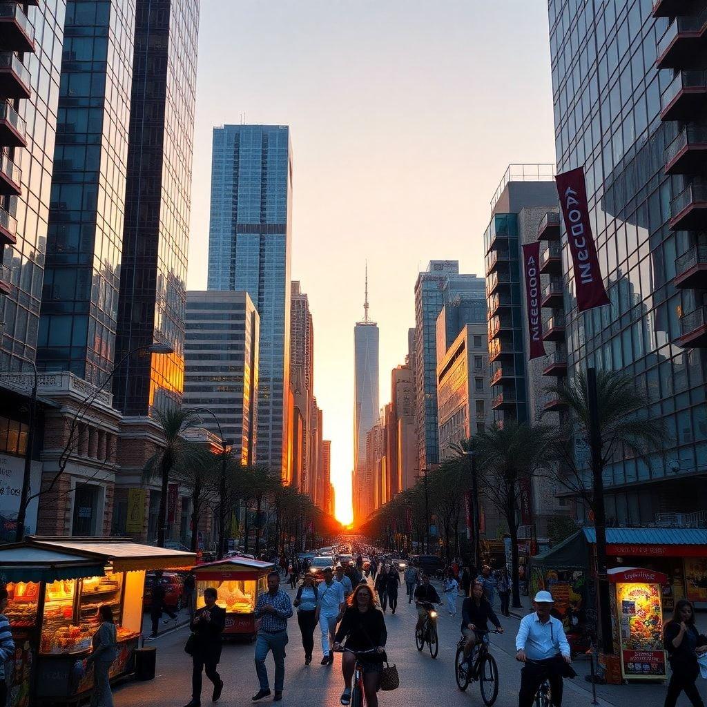 Um pôr do sol de tirar o fôlego no coração da cidade, com arranha-céus altos e ruas movimentadas.